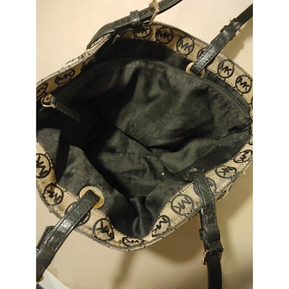 Michael Kors Jet Set Tote Leather and Canvas Black and Tan Logo - Picture 9 of 15